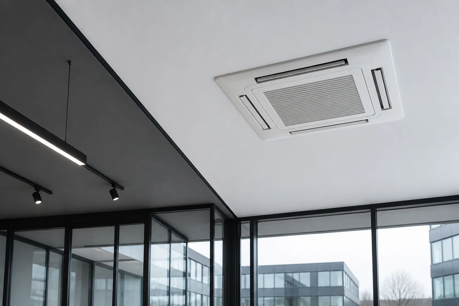 Cassette-airco geïntegreerd in het plafond van een moderne zakelijke ruimte