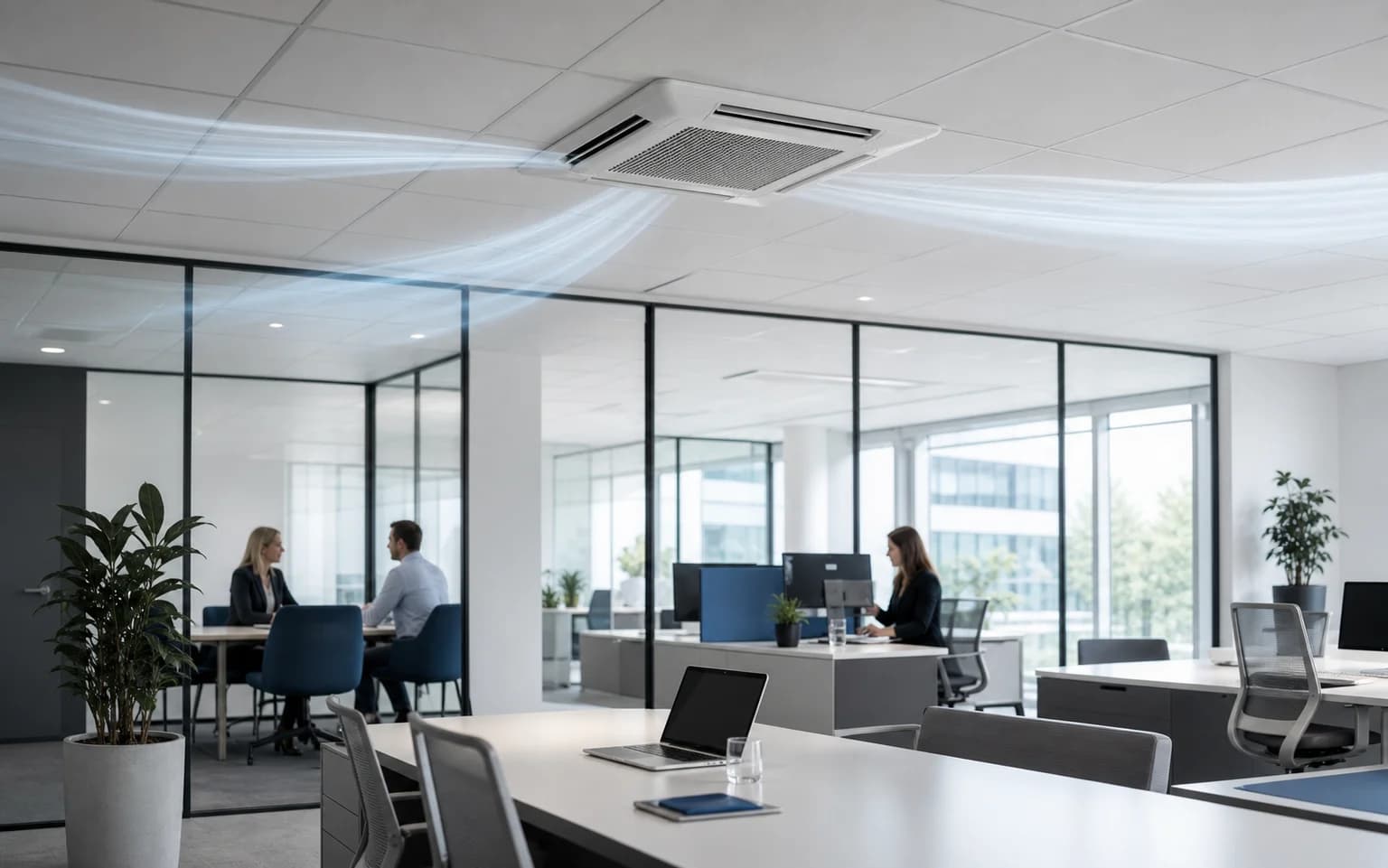 Cassette-airco verdeelt lucht langs het plafond in een moderne kantoorruimte