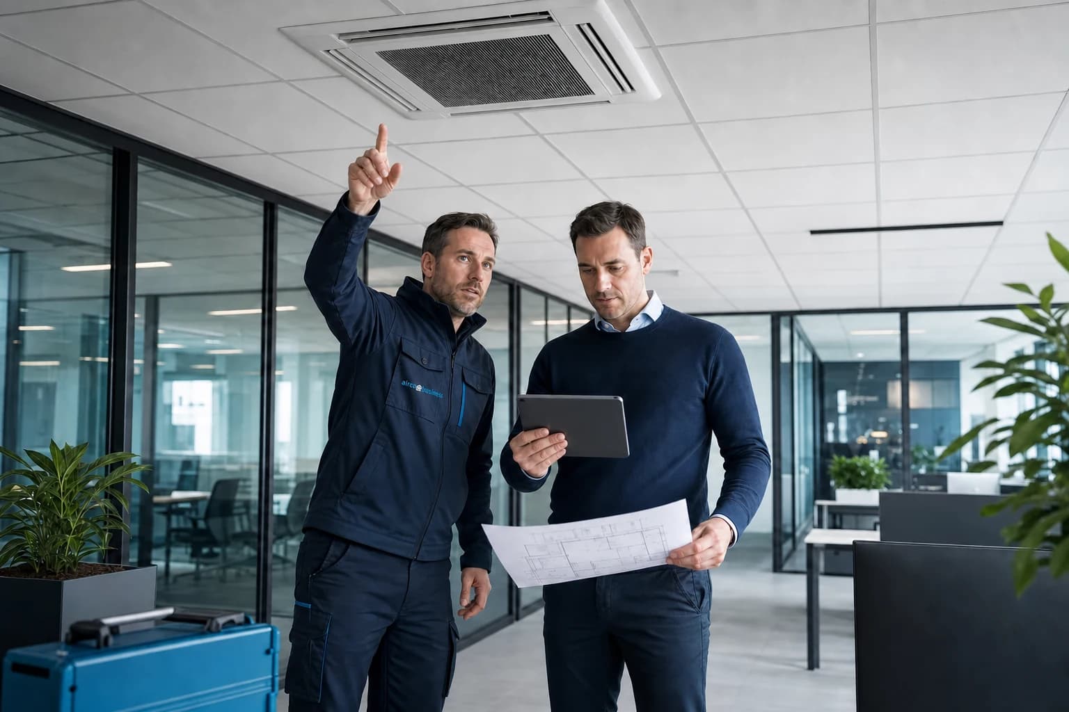 Aircoadviseur en facilitair verantwoordelijke bespreken een zakelijke installatie op locatie