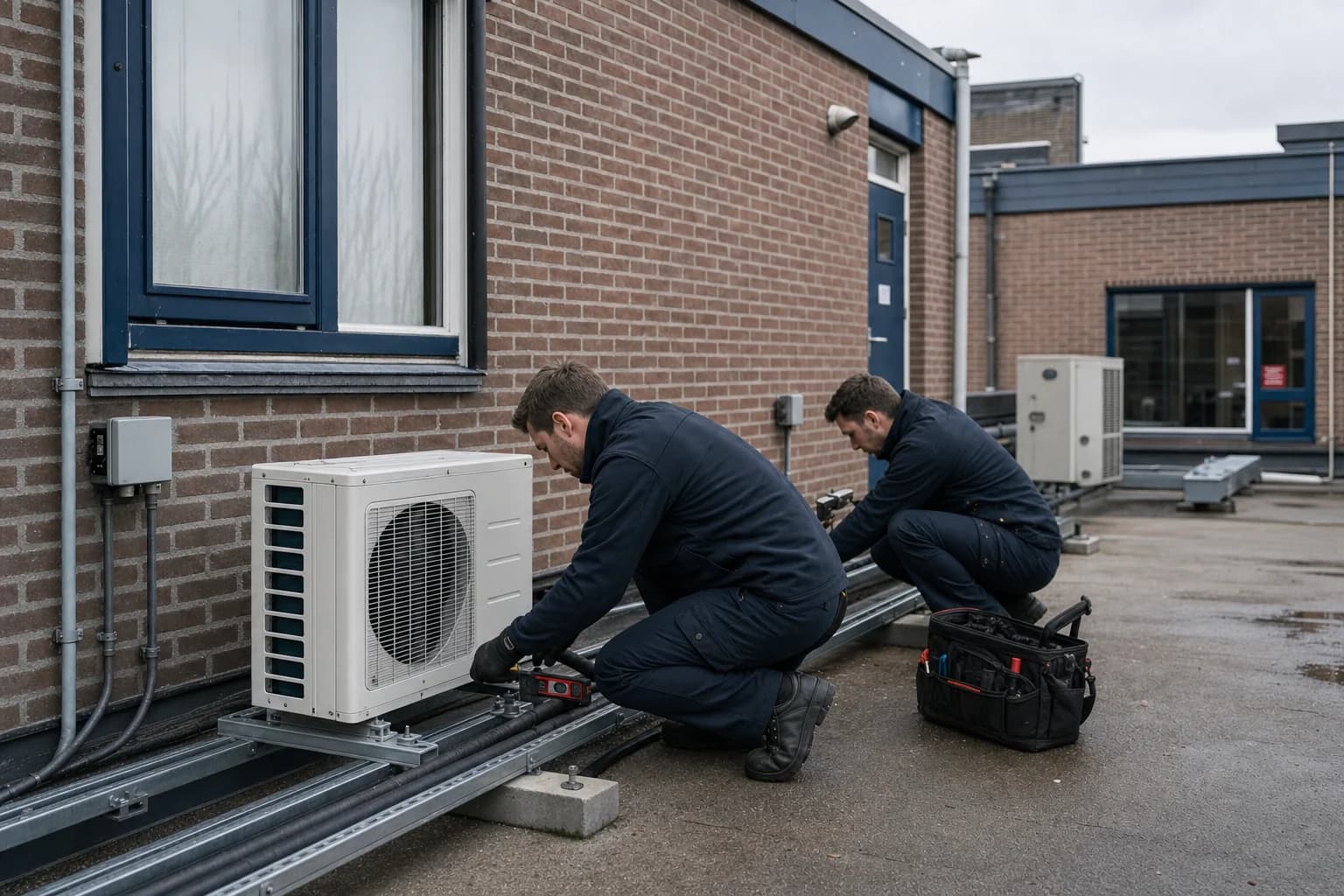Monteurs installeren een compacte zakelijke buitenunit bij een ouder klein bedrijfspand