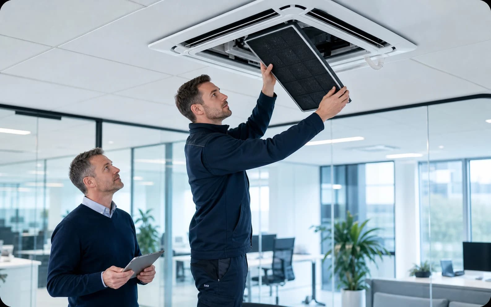 Servicemonteur plaatst een schoon luchtfilter terug in een zakelijke cassette-unit