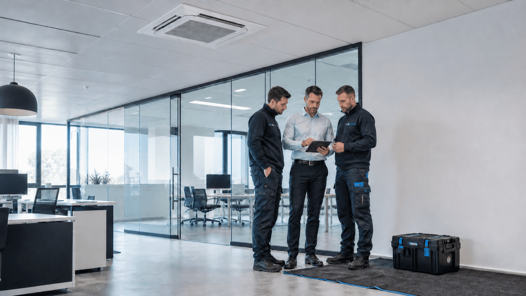 Gecertificeerde monteurs met Airco@Business-logo bespreken een nette zakelijke airco-oplevering