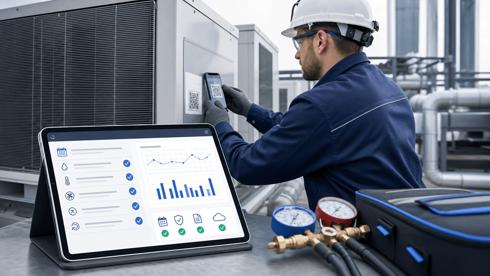 Servicemonteur verwerkt F-gassencontrole in een digitaal logboek