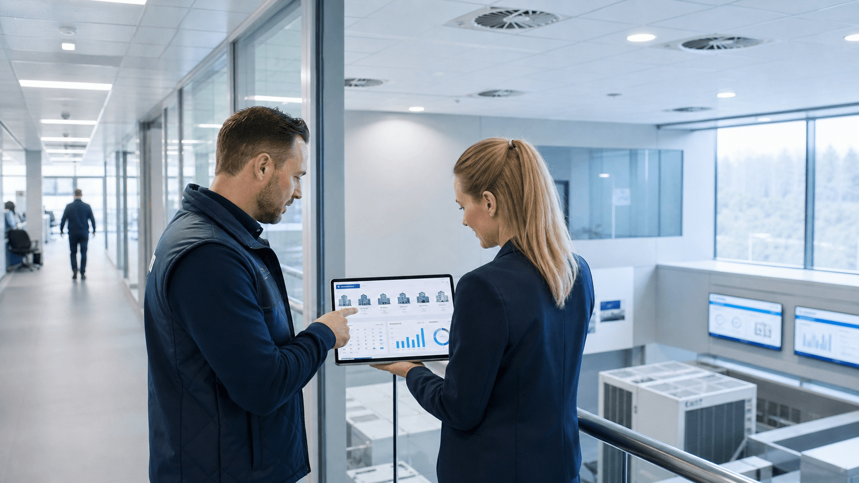 Facility manager en serviceadviseur bekijken rapportage voor meerdere zakelijke panden