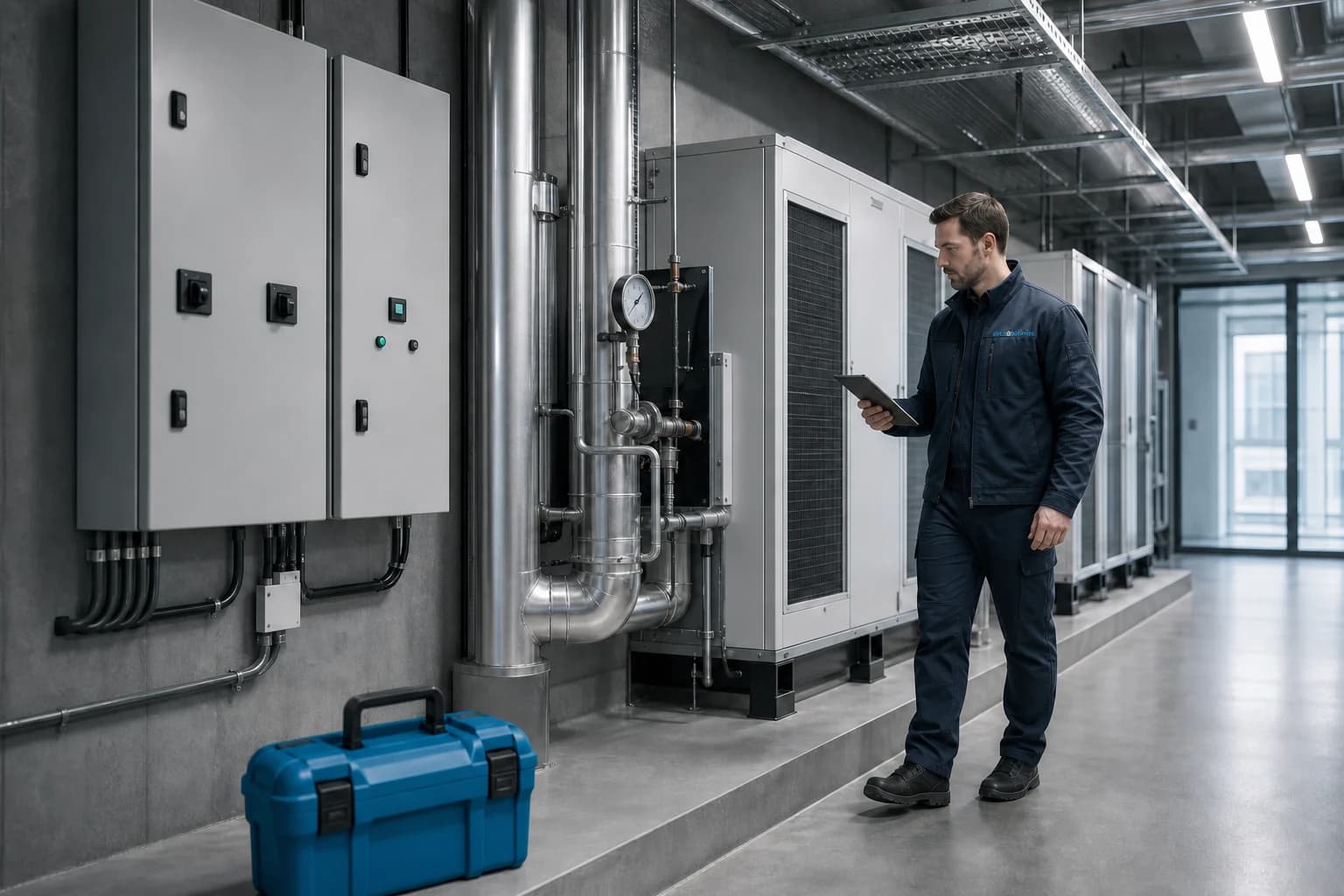 Servicemonteur registreert een geplande inspectie in een technische ruimte