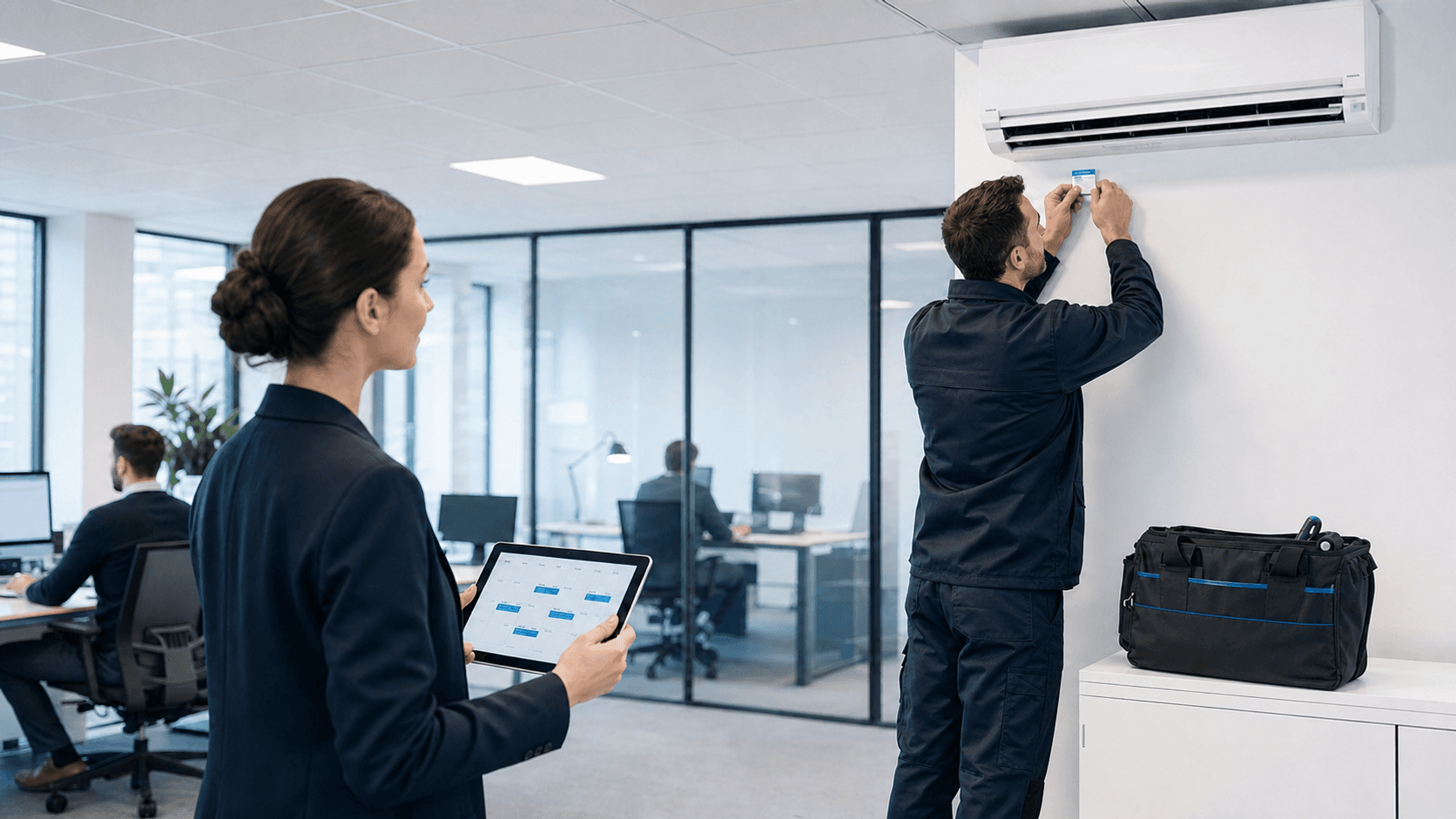 Servicemonteur markeert gepland airco-onderhoud in een MKB-kantoor