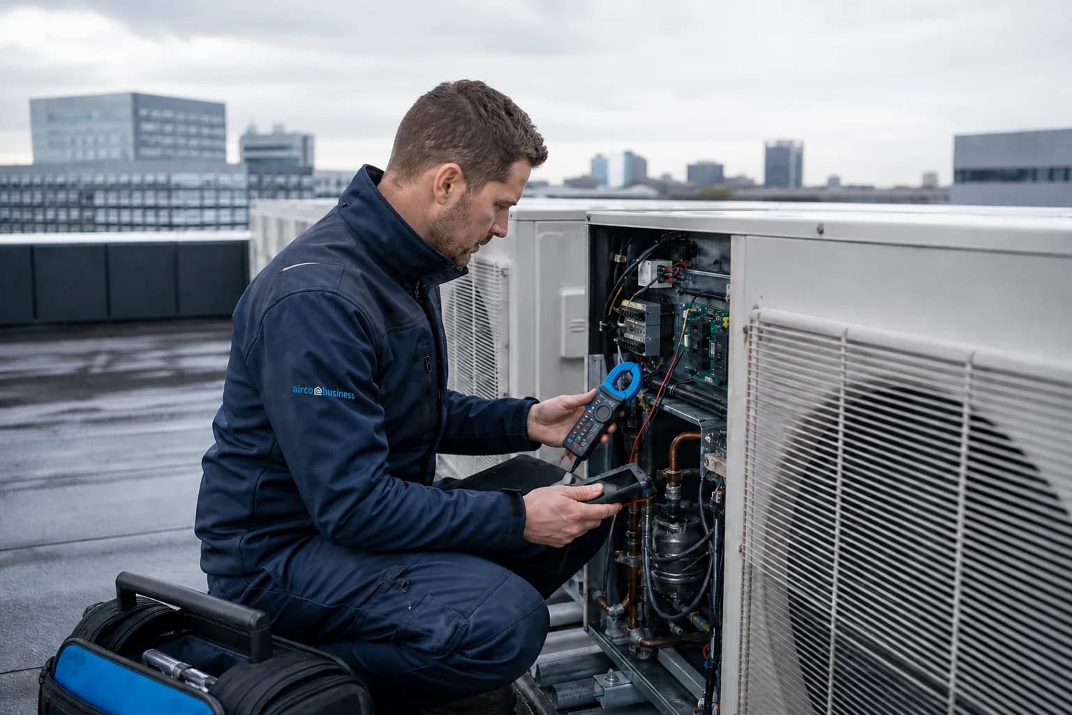 Servicemonteur controleert een zakelijke buitenunit op een bedrijfsdak