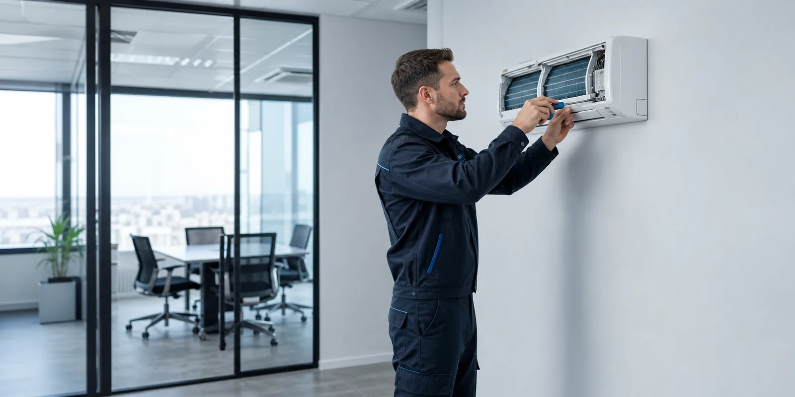 Servicemonteur onderhoudt een compact wandmodel airco in een zakelijk kantoor