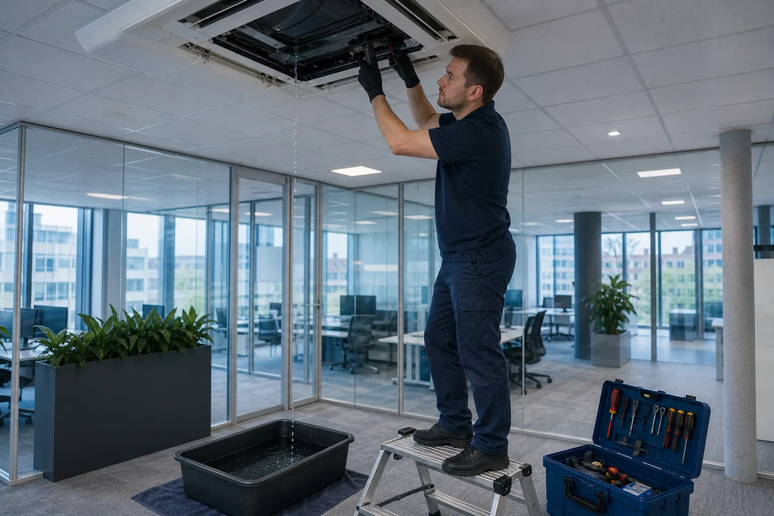 Servicemonteur herstelt lekkage aan een zakelijke cassette-unit in een kantoor