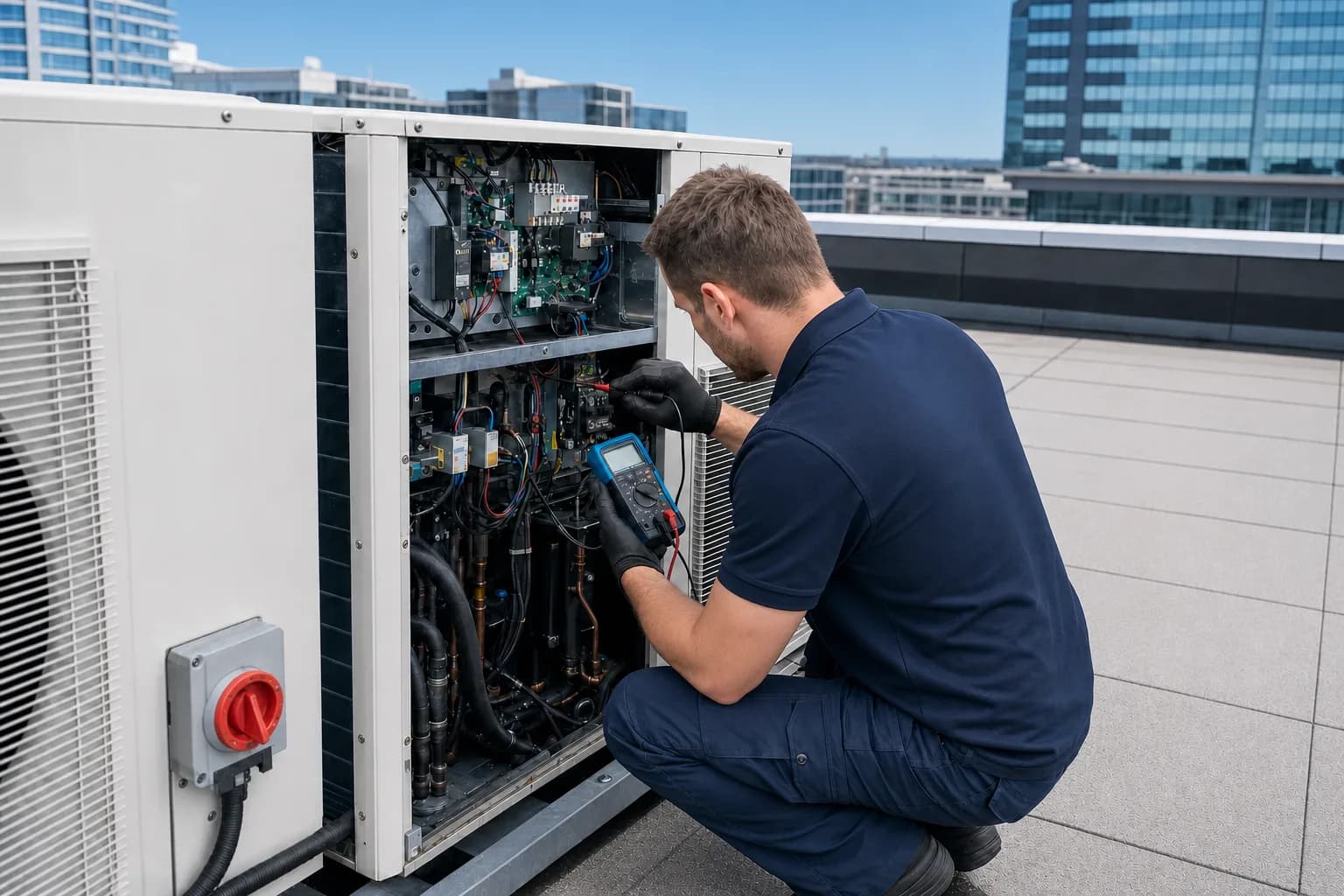 Service engineer in a polo shirt inspecting a commercial outdoor unit on a summer office rooftop