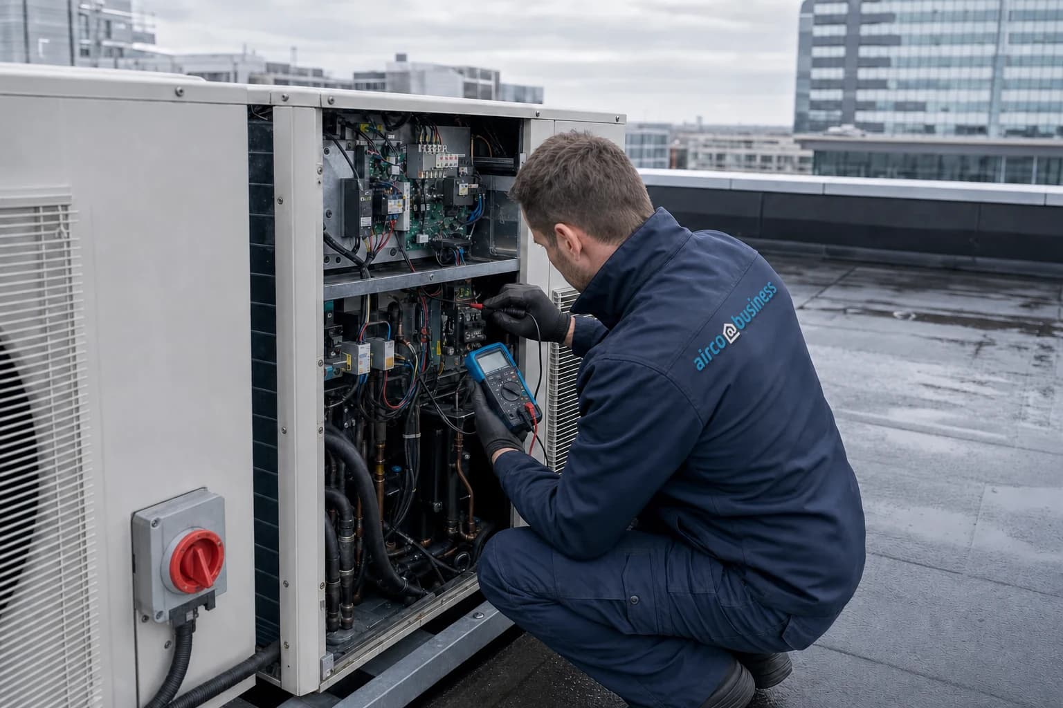 Servicemonteur onderzoekt de elektronica van een zakelijke buitenunit