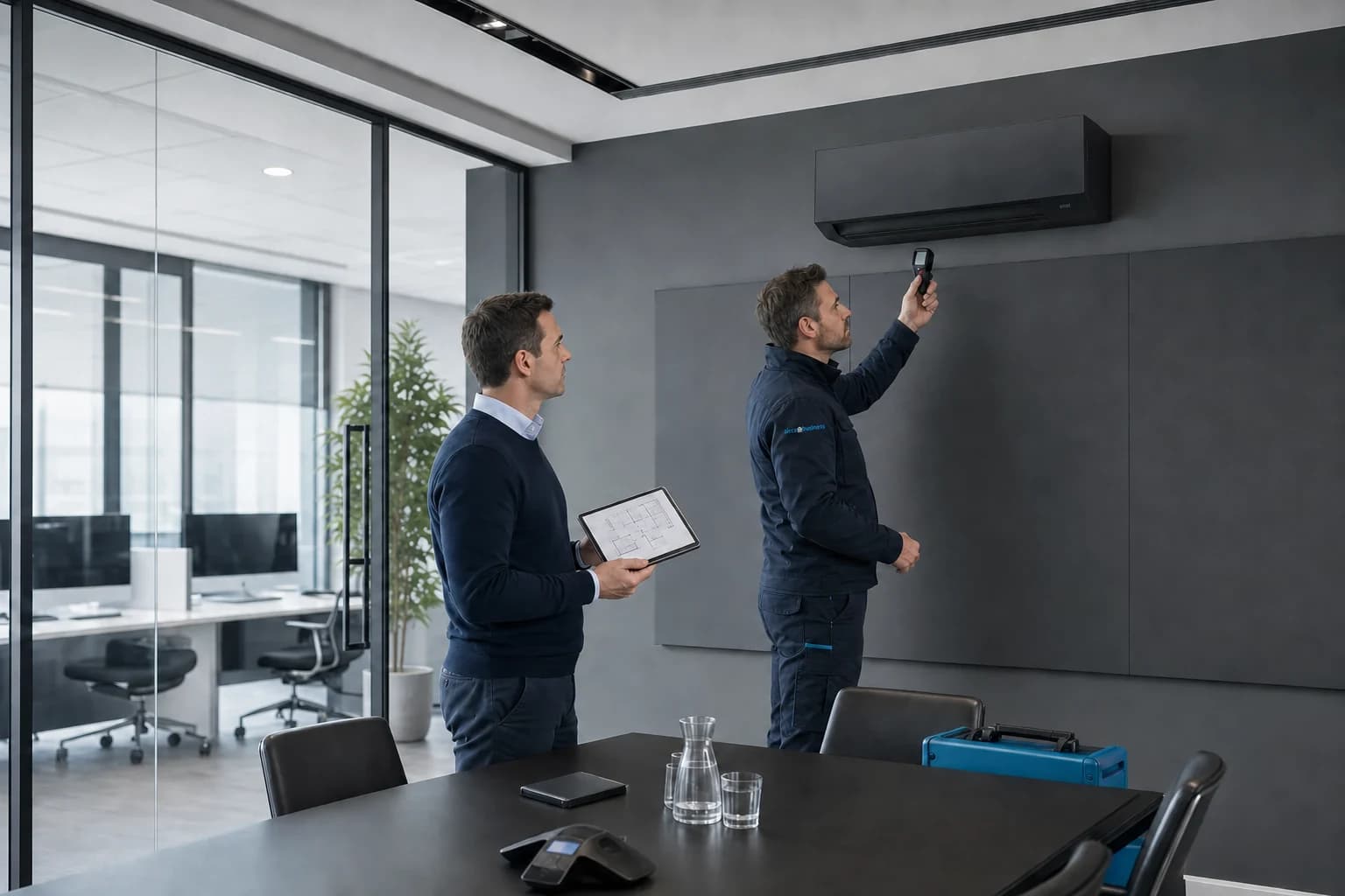 Aircomonteur controleert een zakelijk wandmodel terwijl een facility manager het plan bekijkt