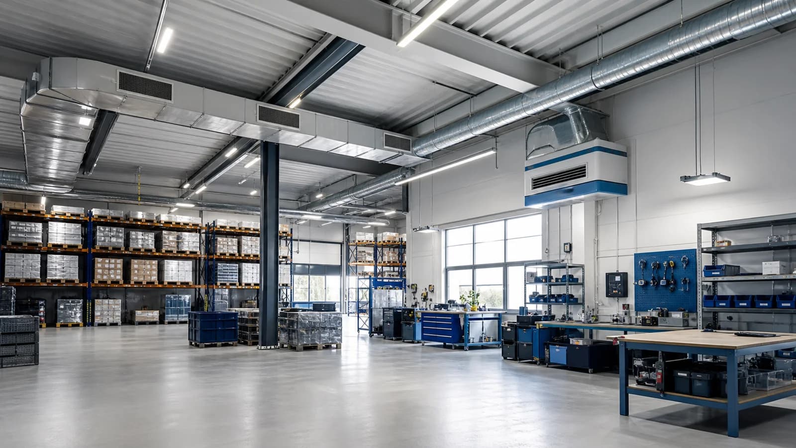 Werk- en opslagruimte in een bedrijfshal met zichtbare klimaatinstallatie