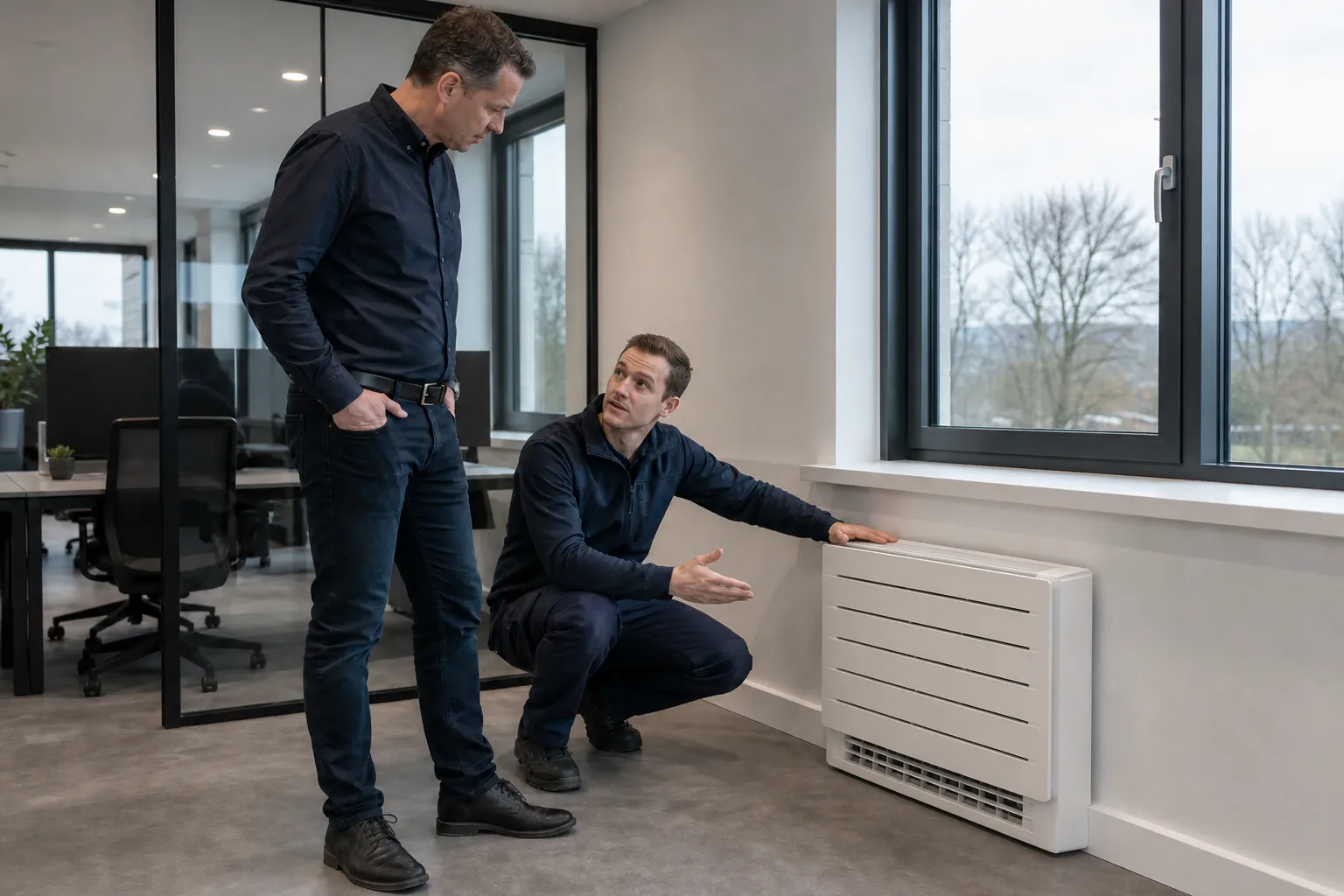 Monteur licht een opgeleverde vloermodel airco toe aan de facility manager
