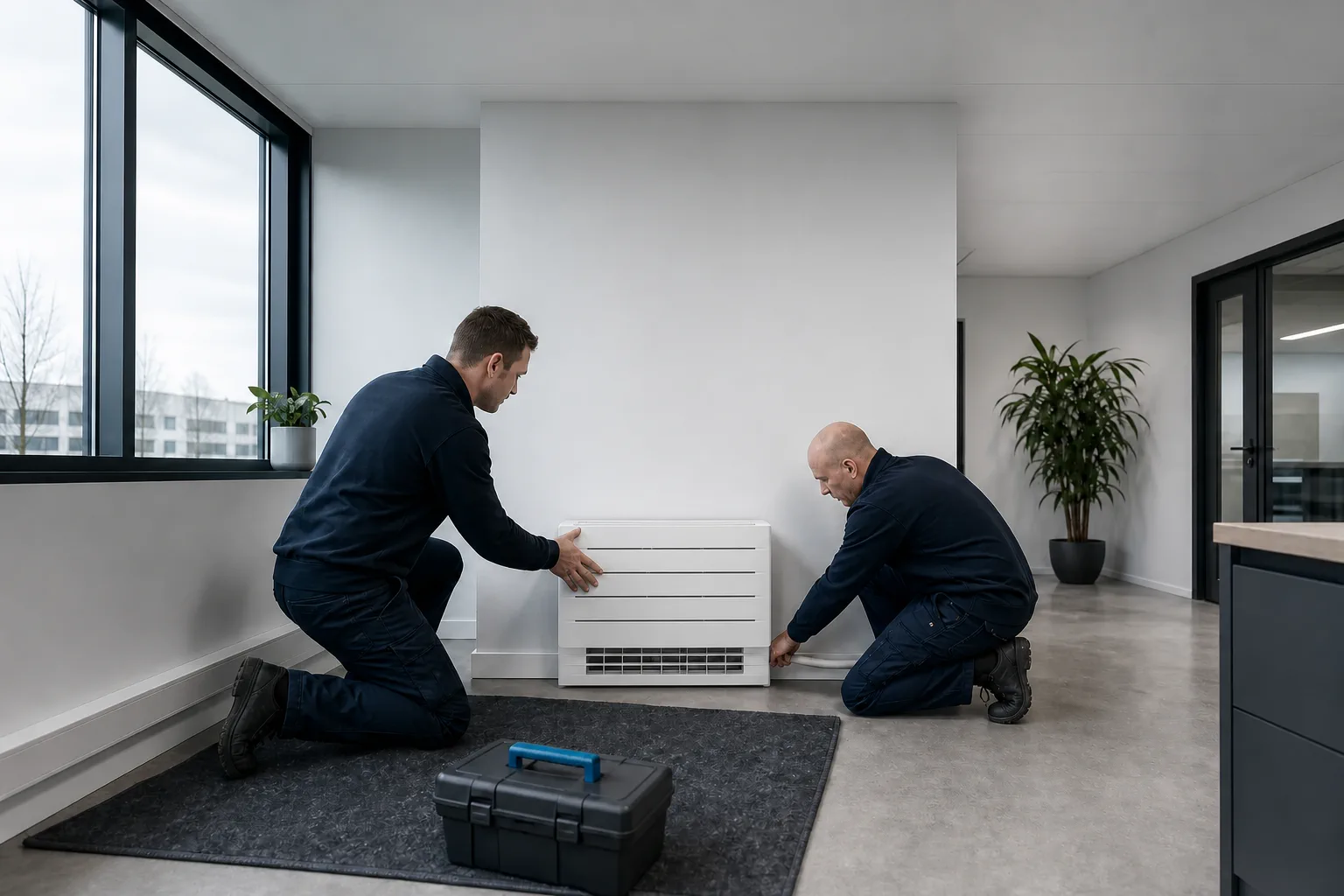 Monteurs plaatsen een vloermodel airco op vloerniveau zonder plafond- of wandwerk