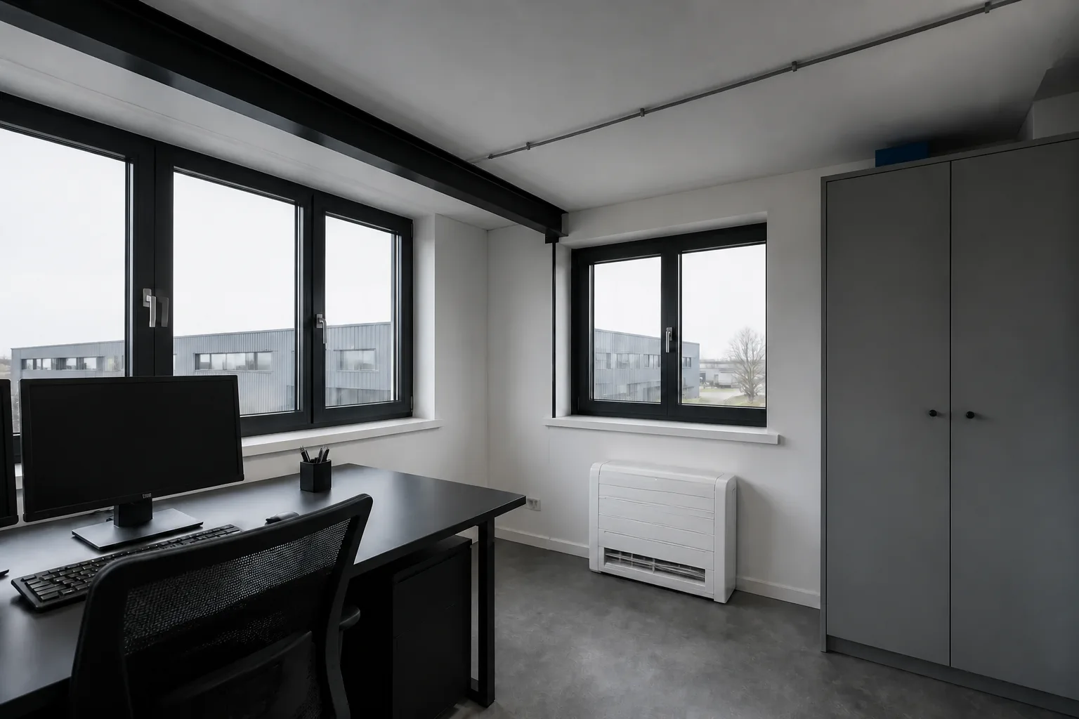 Vloermodel airco in een bedrijfsruimte met een laag plafond en beperkte wandruimte