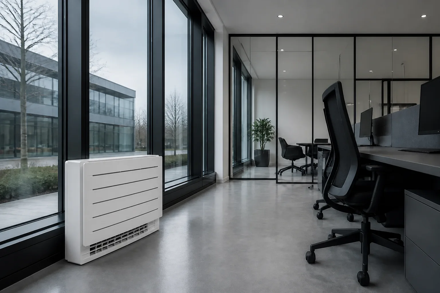 Vloermodel airco onder de raampartij in een moderne zakelijke kantoorruimte
