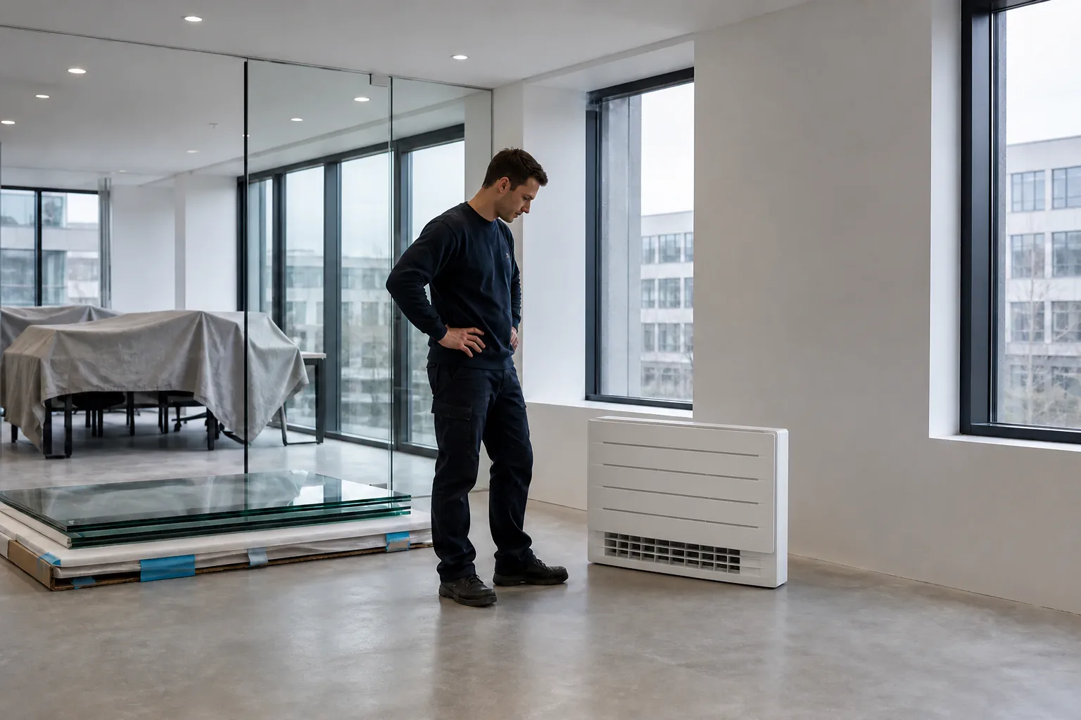Vloermodel airco vrij opgesteld in een kantoor tijdens een verbouwing