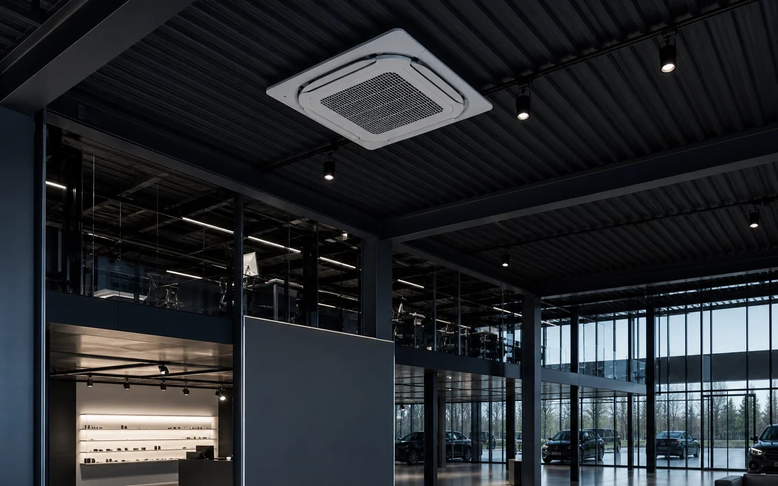 White cassette air conditioner in a commercial showroom
