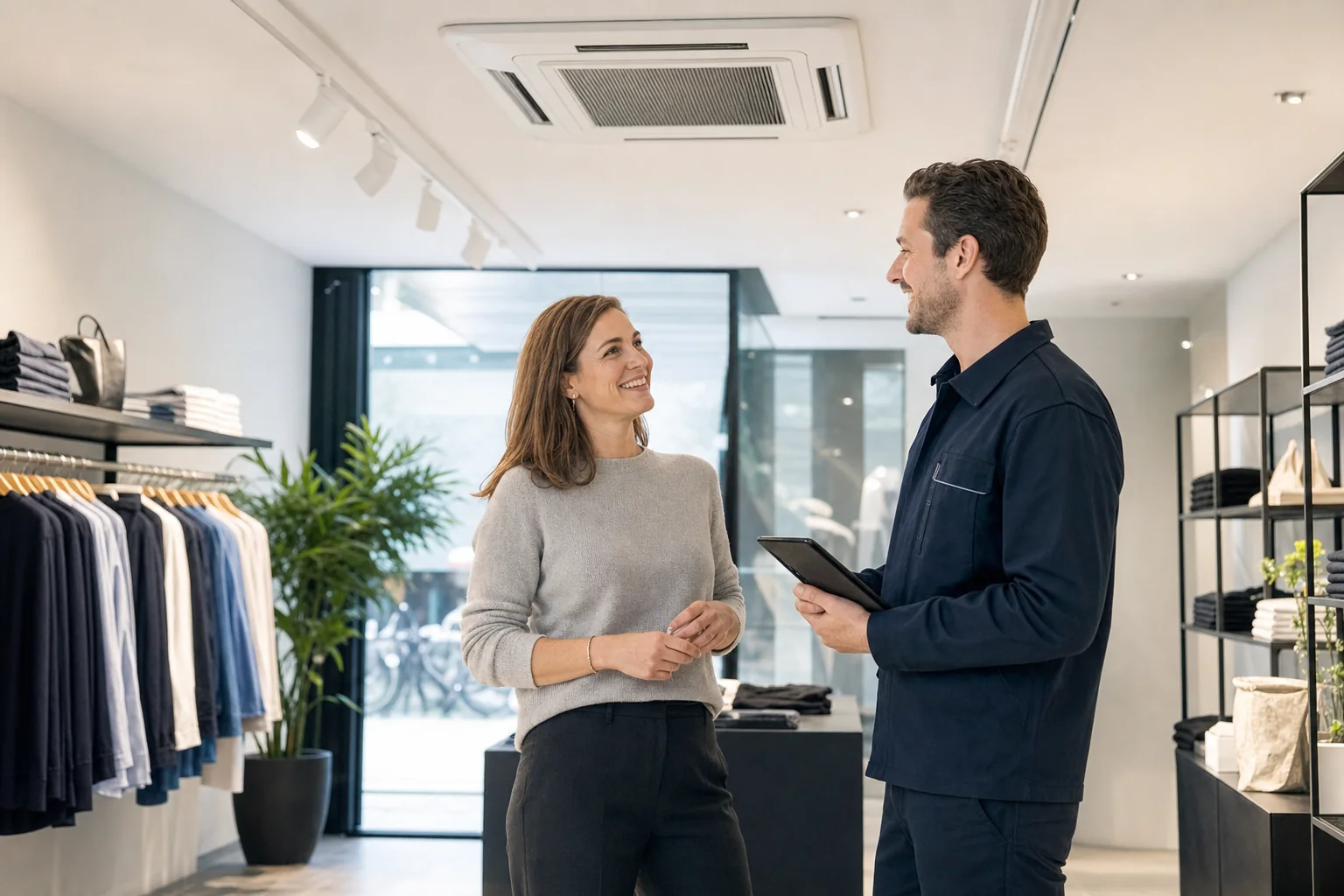 Satisfied shop owner speaking with an air conditioning engineer beneath a ceiling cassette unit