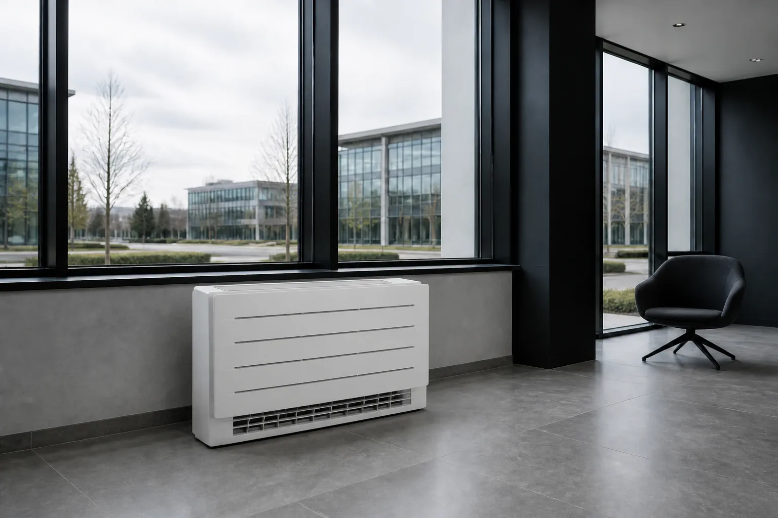 Floor-standing air conditioning unit beneath a glazed facade in a commercial office