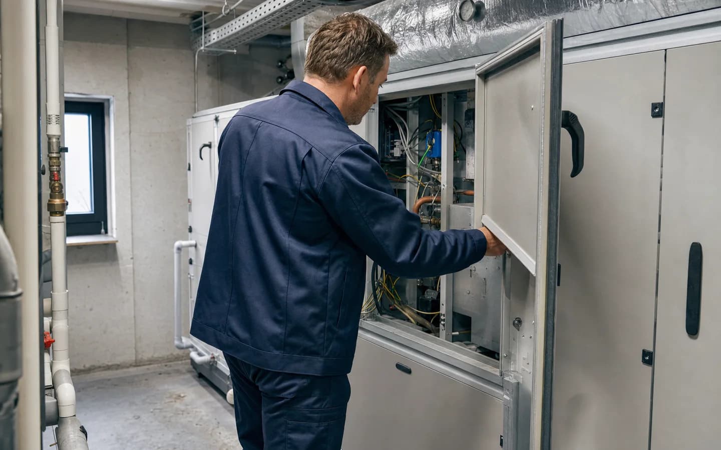 Service engineer inspecting equipment in a commercial plant room
