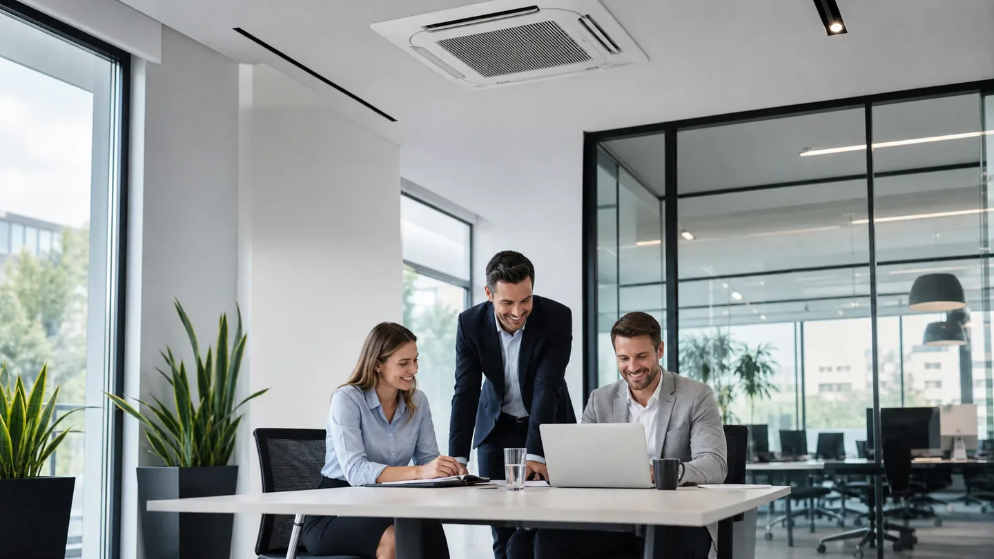 Tevreden collega's werken comfortabel onder zakelijke airconditioning