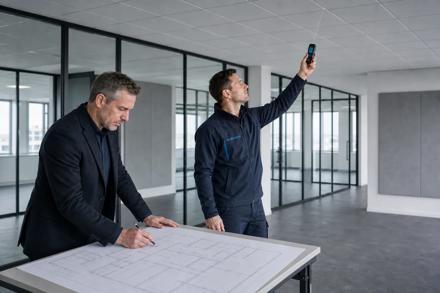 Klimaatadviseur meet een zakelijke ruimte in terwijl de facility manager de plattegrond controleert