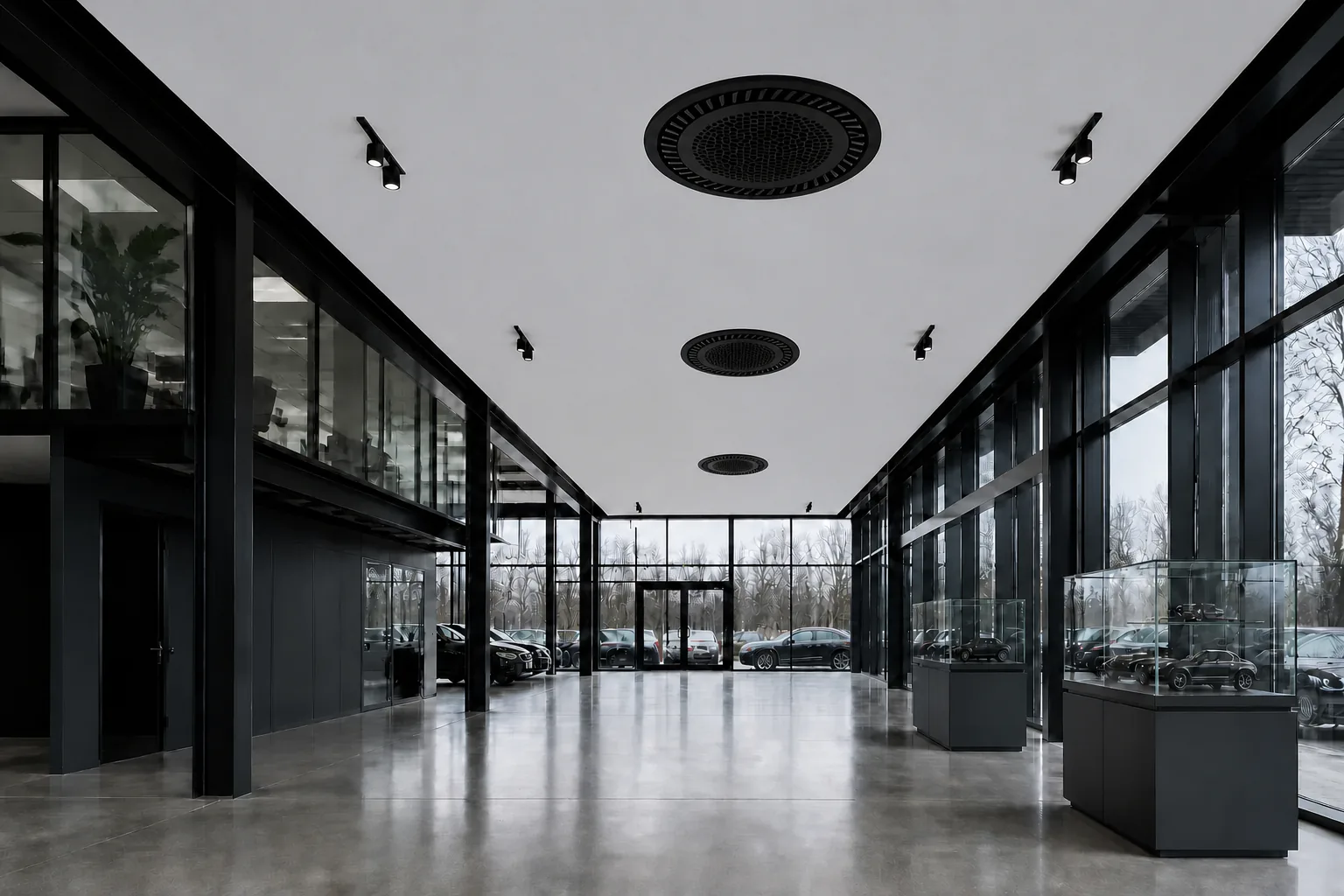 Architecturale showroom met meerdere zwarte ronde plafondcassettes