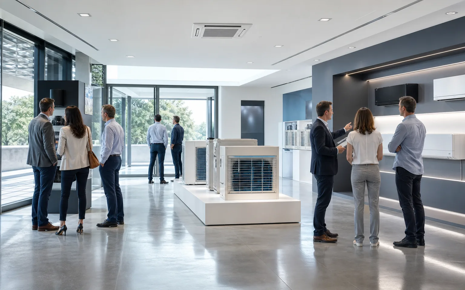 Bezoekers nemen rustig de tijd in een comfortabele showroom met klimaatregeling
