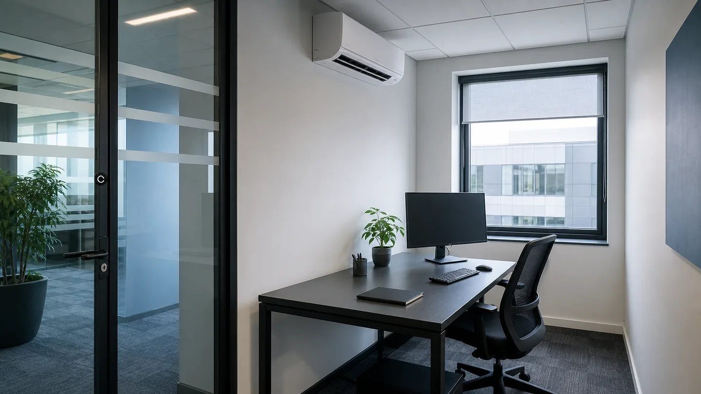 Compacte zakelijke kantoorruimte met een discreet wandmodel airco