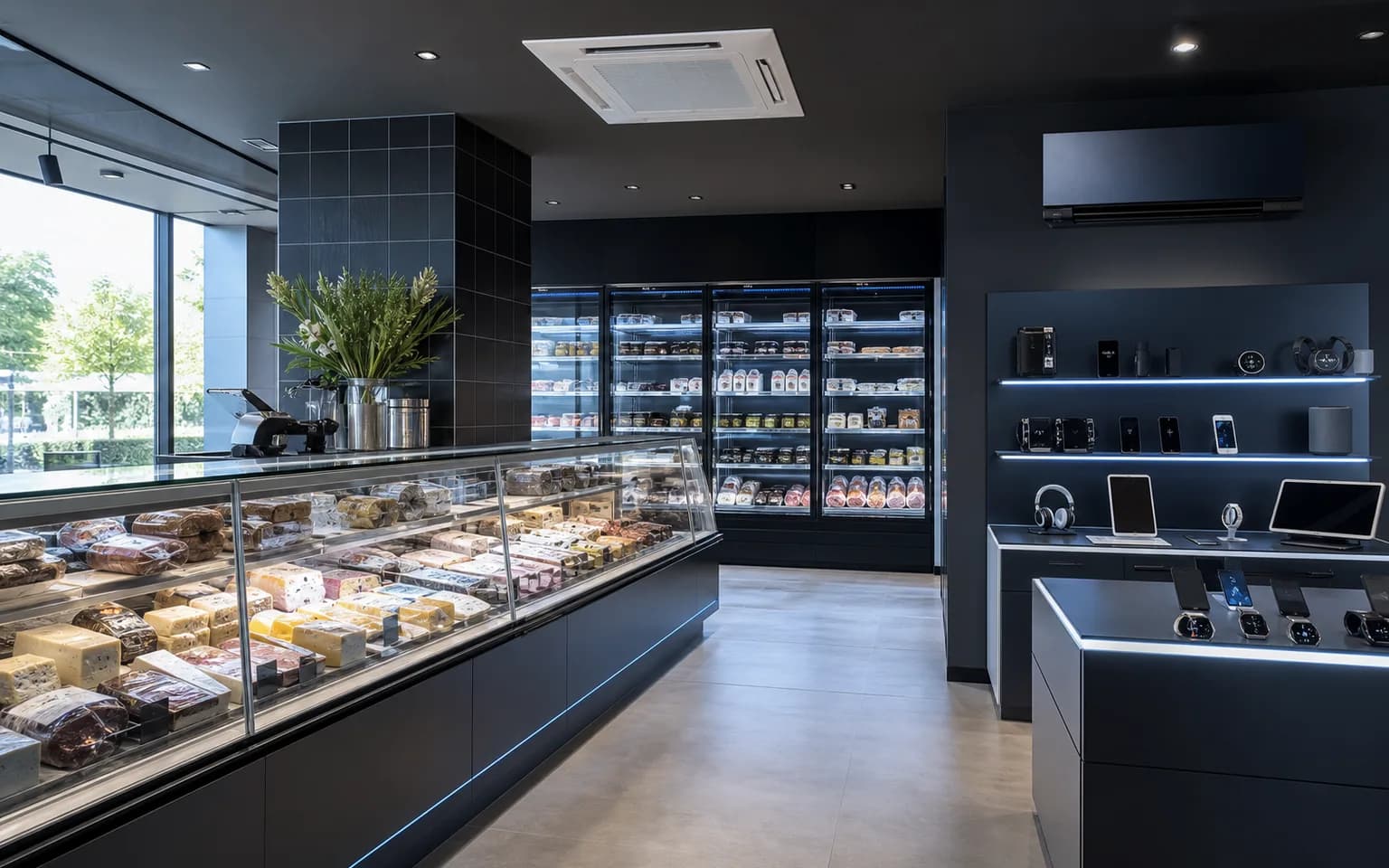 Speciaalzaak met koelvitrine, elektronica en zichtbare klimaatinstallatie