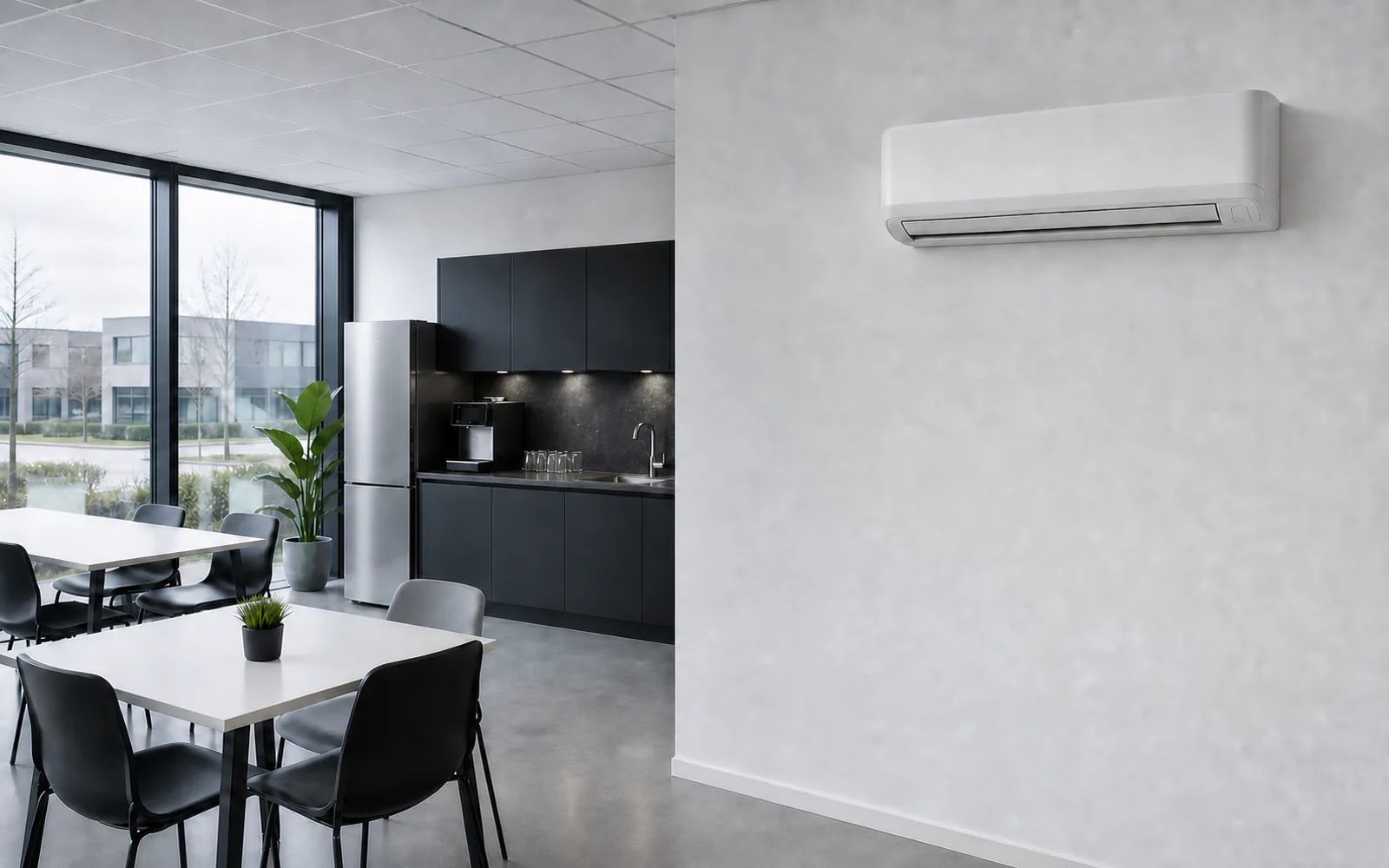 Zakelijke kantine met een wandmodel airco hoog aan de muur