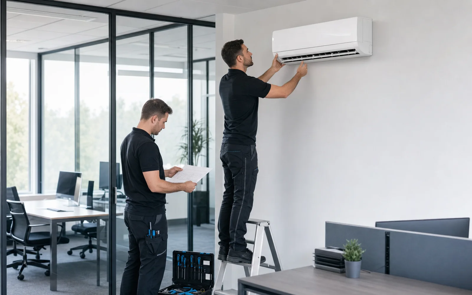 Monteurs installeren een wandmodel airco in een zakelijke kantoorruimte